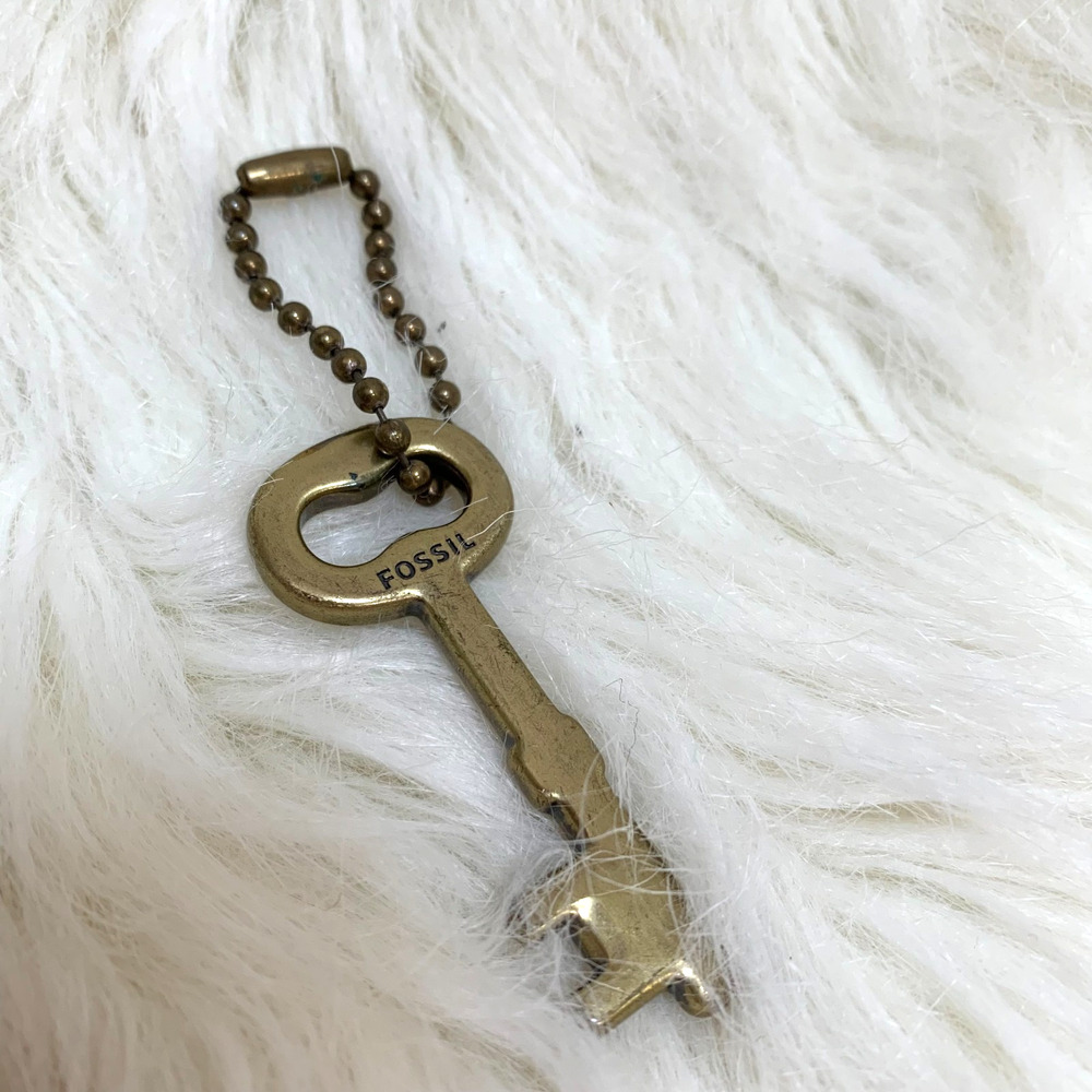 FOSSIL Gold Brass Key Charm Hang Tag Purse Fob 2.25"